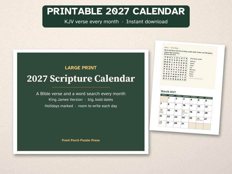 Printable 2027 Bible Verse Calendar, Large Print, with a KJV Word Search