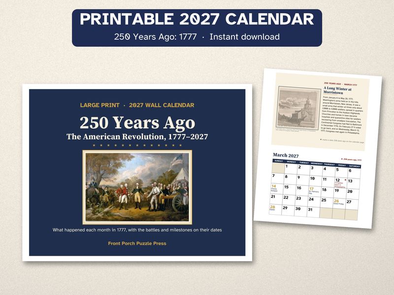 Printable 2027 Calendar: 250 Years Ago, the American Revolution in 1777
