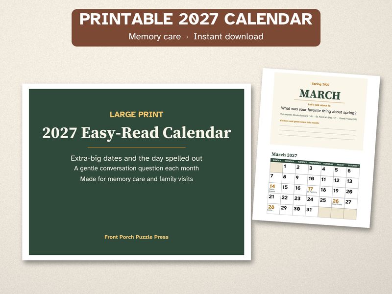 Printable 2027 Calendar for Dementia and Memory Care, Large Print