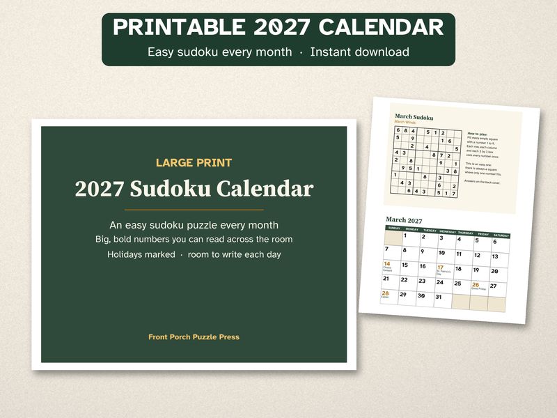 Printable 2027 Calendar, Large Print, with an Easy Sudoku Every Month