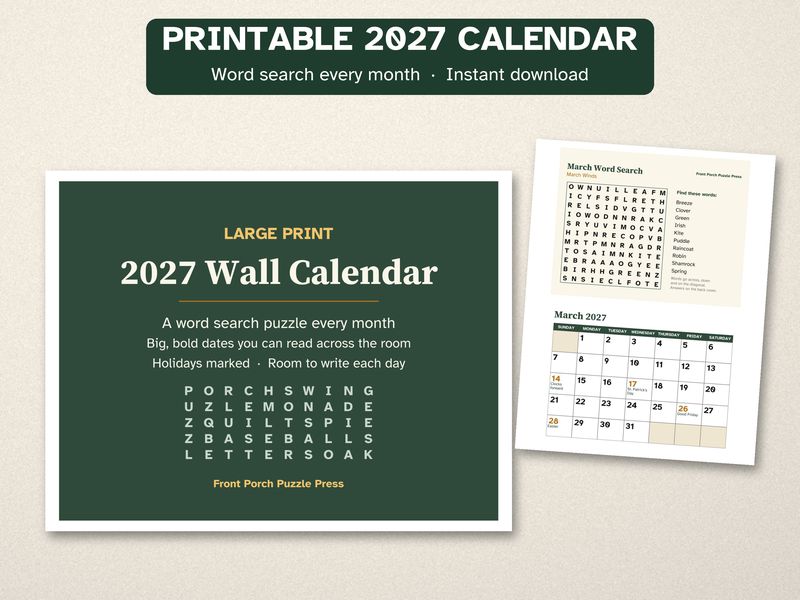 Printable 2027 Calendar, Large Print, with a Word Search Every Month