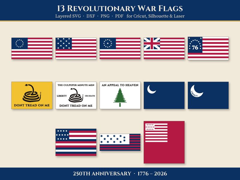 13 Revolutionary War Flags SVG Bundle: Layered Laser & Cricut Files