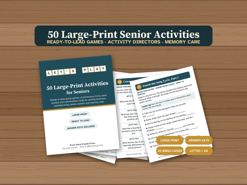 50 Large Print Senior Activity Games: Printable Pack for Assisted Living