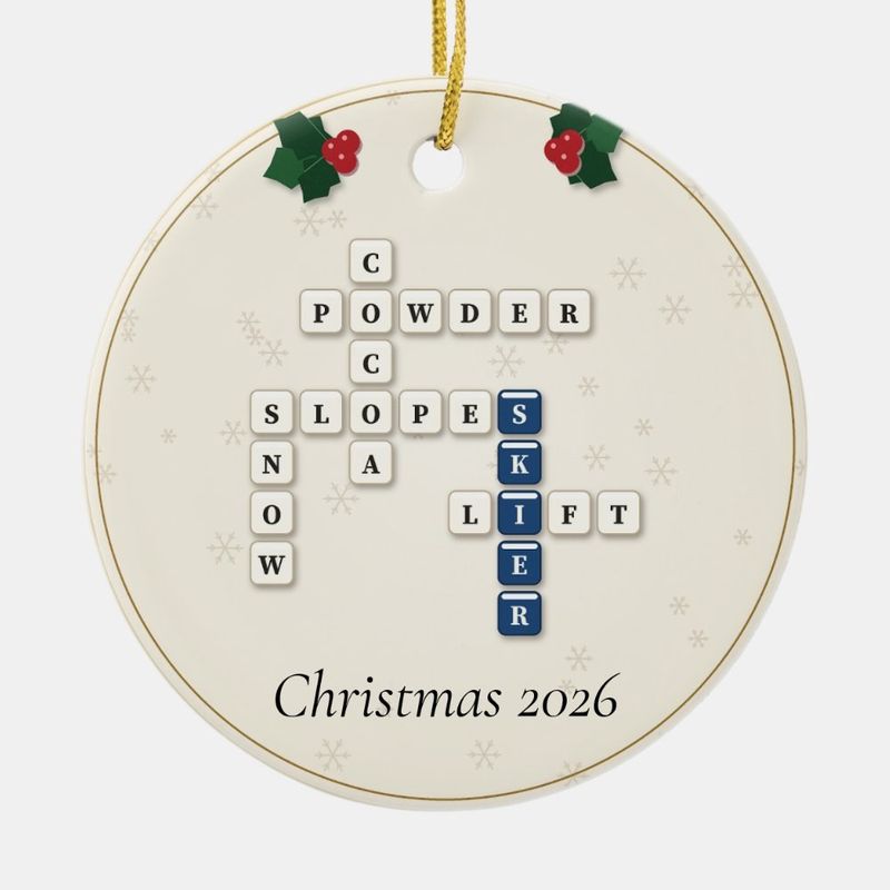 Skier Crossword Ornament, Personalized with the Year or a Name