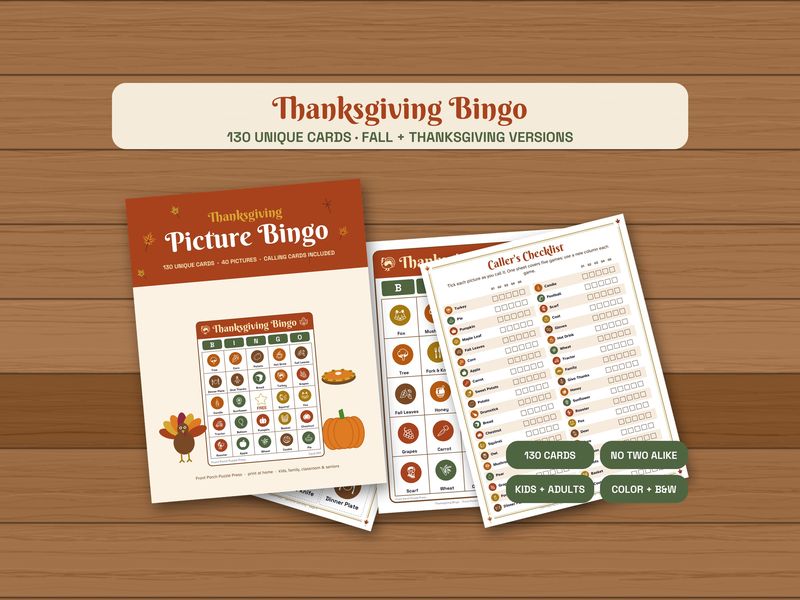 Thanksgiving & Fall Picture Bingo: 130 Unique Printable Cards