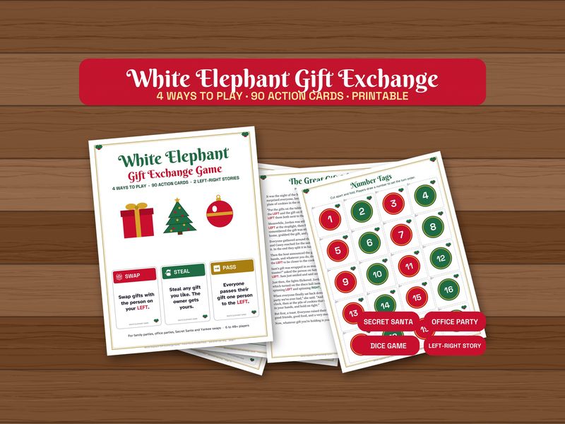 White Elephant Gift Exchange Game: Printable Cards, Dice Game and Stories