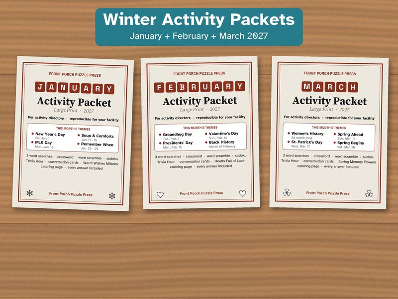 Winter Activities for Seniors Bundle: January, February and March Large Print Activity Packets