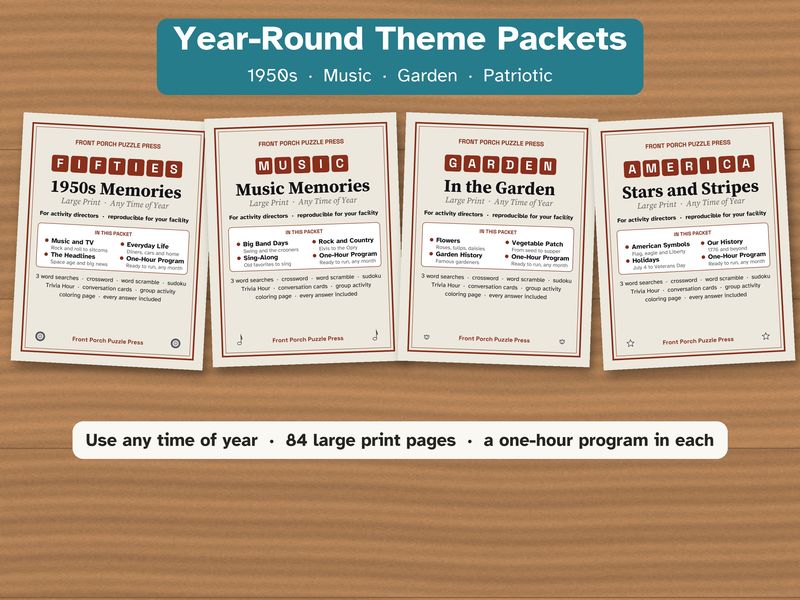 Year-Round Activity Packets for Seniors Bundle: 1950s, Music, Gardening and Patriotic (Large Print)